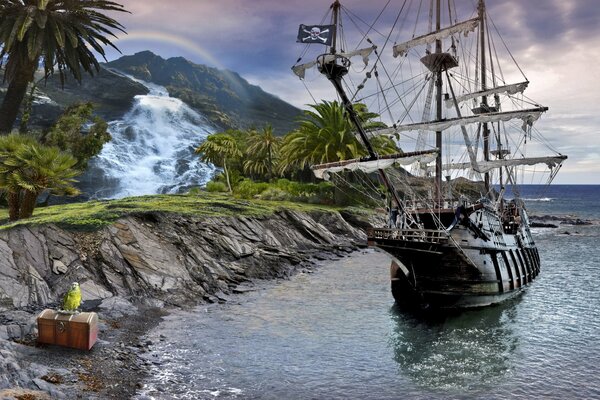 Pirate ship on the shore at the waterfall