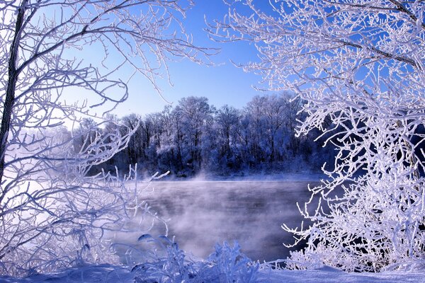 Frost on the river in frosty winter