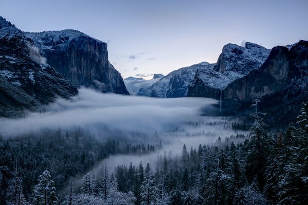 A mountain valley with forests wrapped in white misty carpets