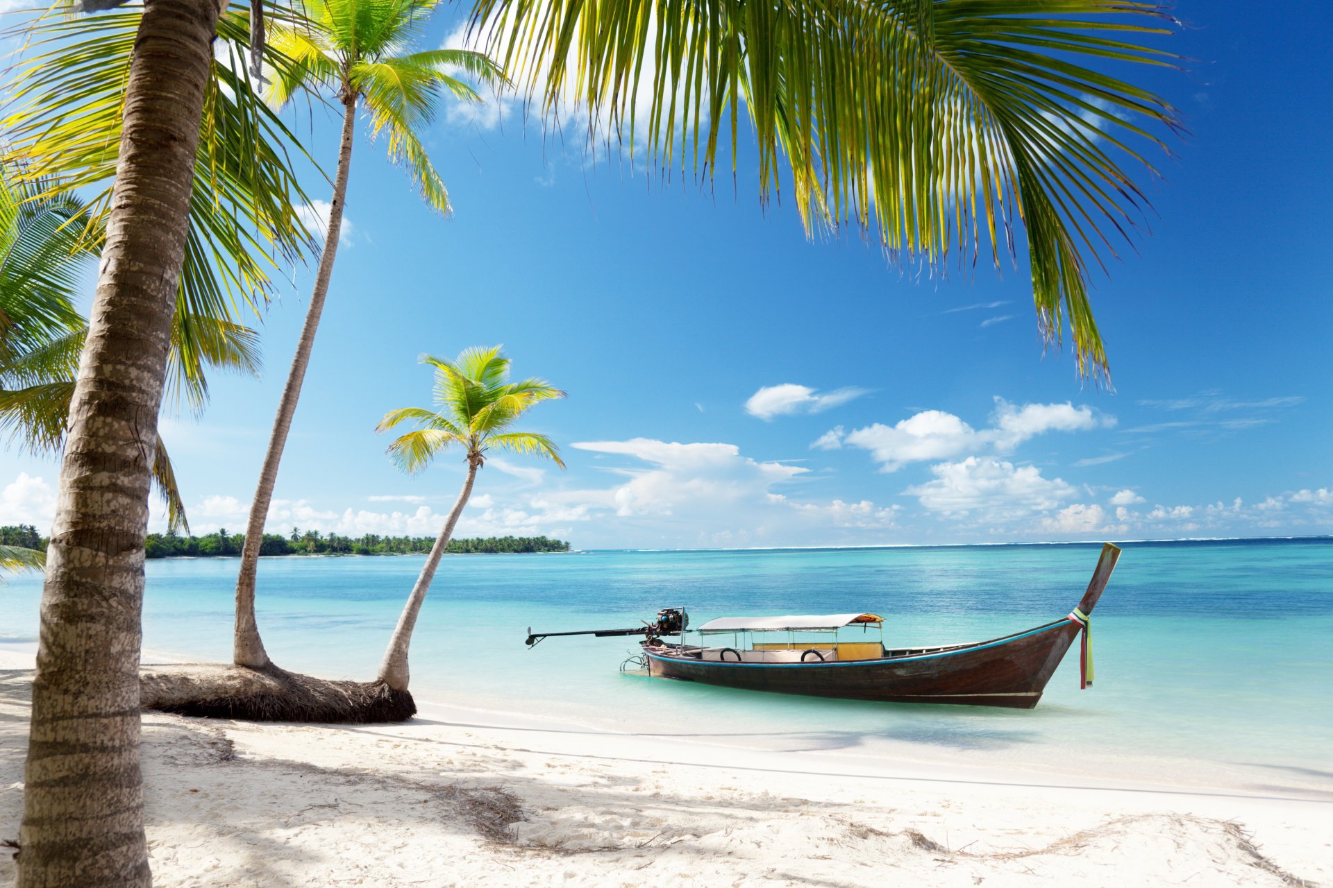 tropical paradis soleil plage côte mer ciel bleu émeraude océan palm été sable loisirs tropiques côte palmiers bateau