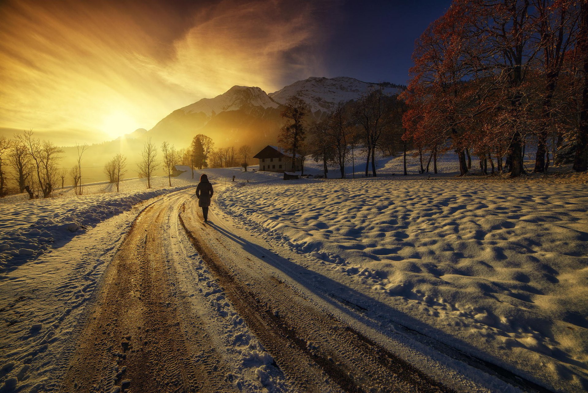 alba montagne case strada ragazza