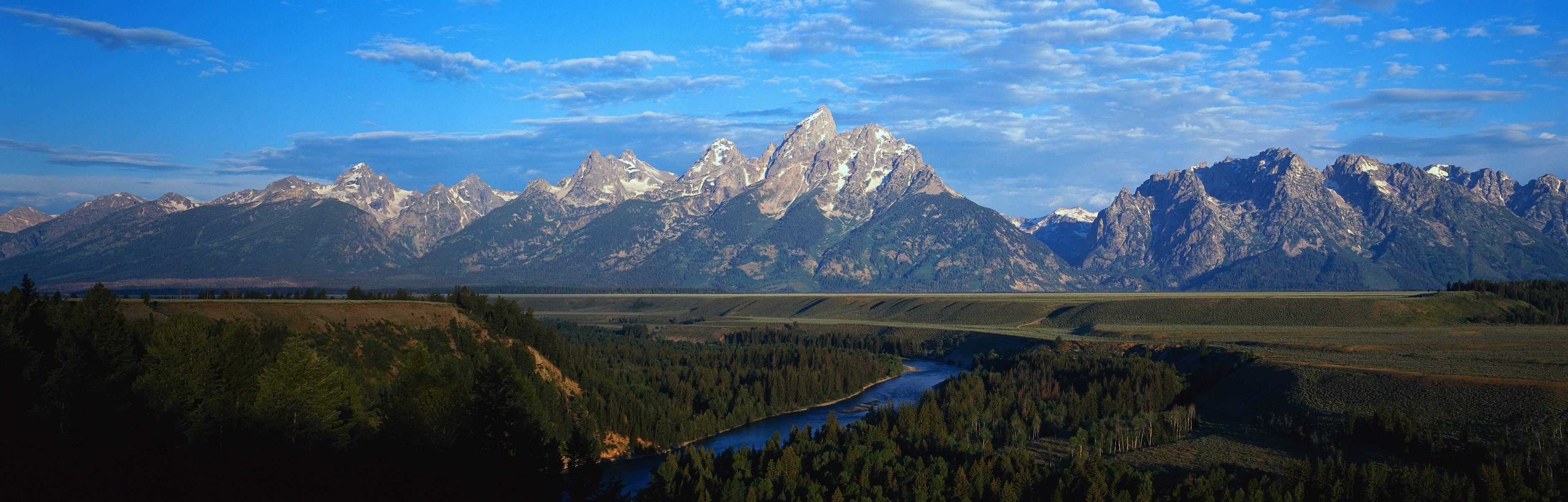 mountain tops valley river forest nature