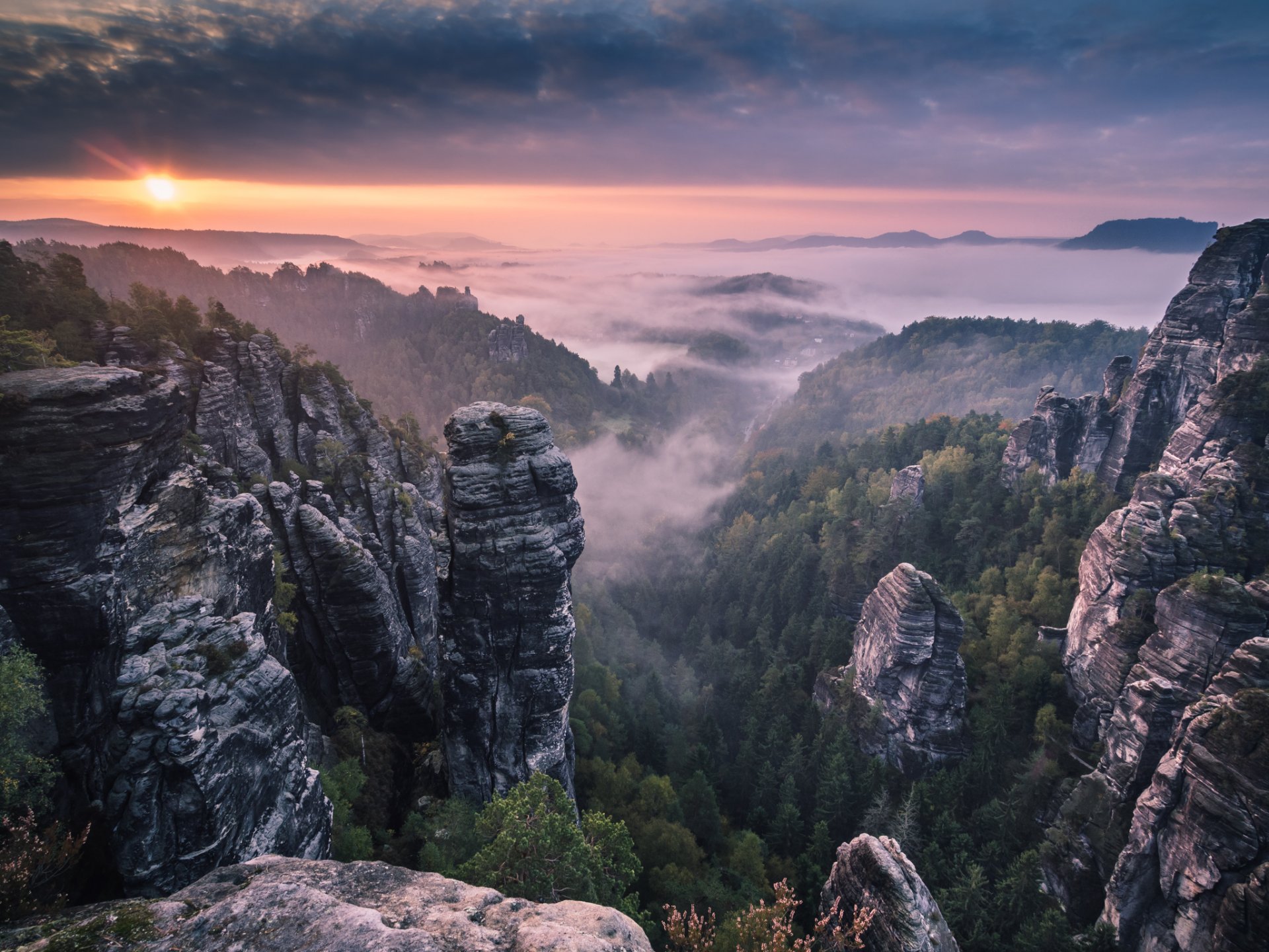 montagne rocce foresta nebbia mattina alba