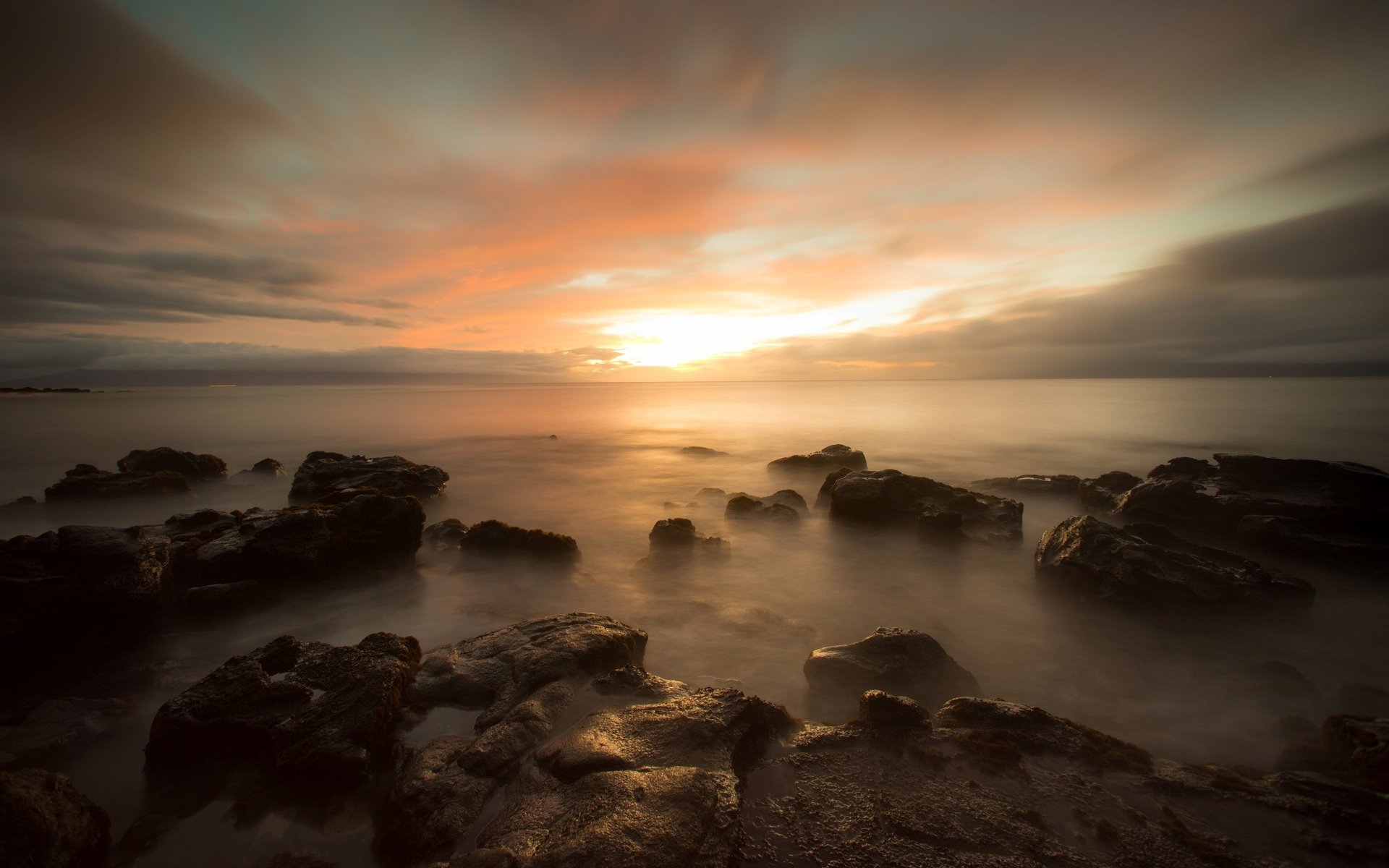 nature sea water stones horizon sky sunset clouds night background wallpaper widescreen full screen hd wallpaper