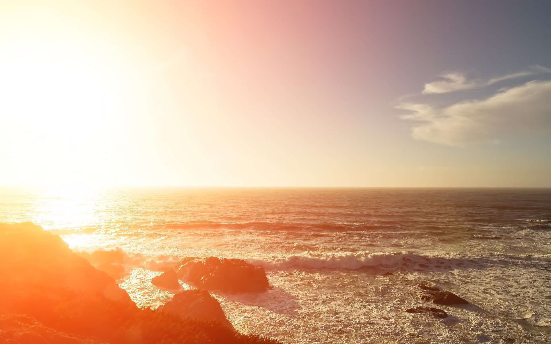 mer soleil vagues lumière pierres