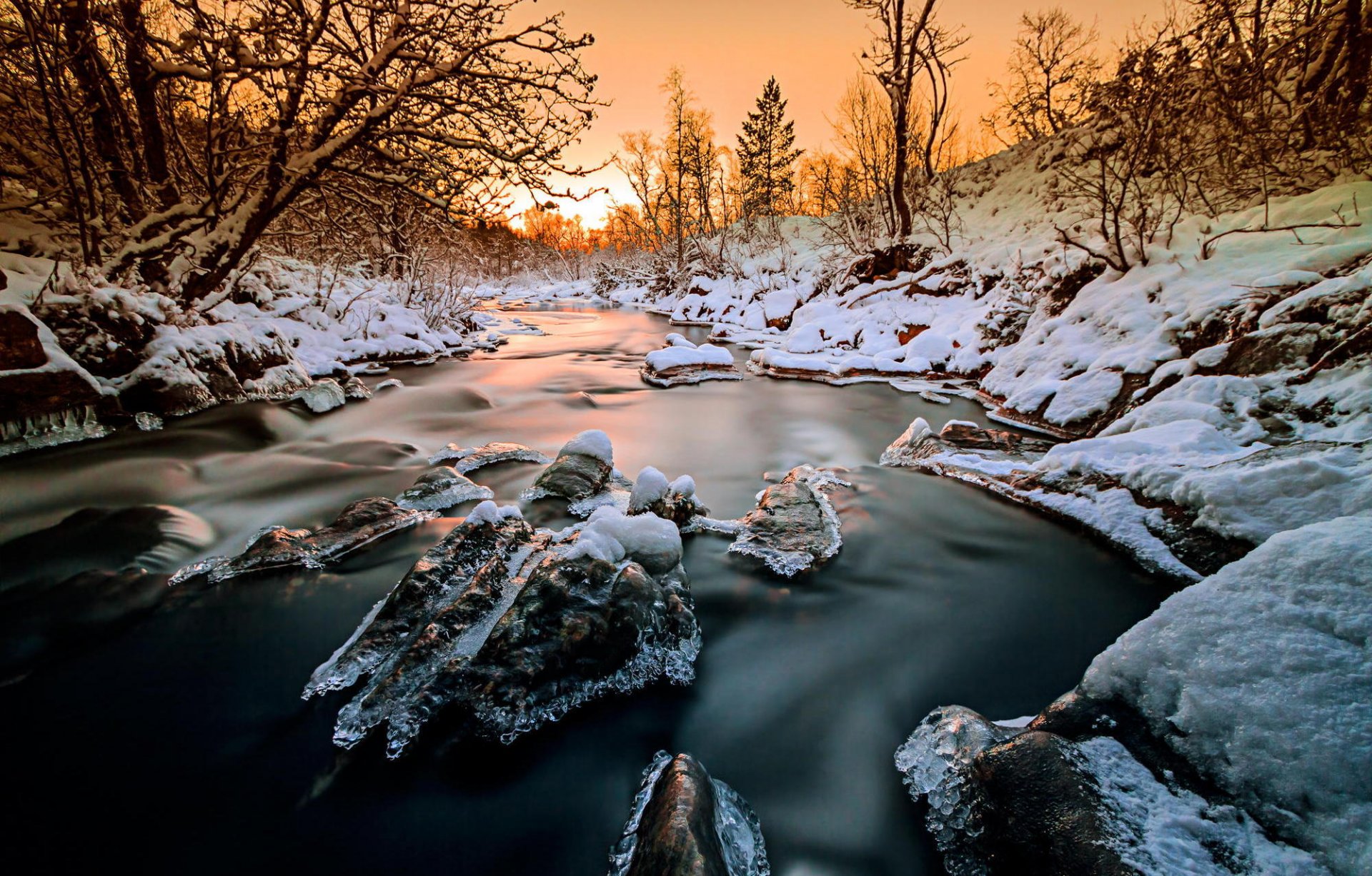 noruega bosque árboles río nieve hielo invierno naturaleza puesta de sol