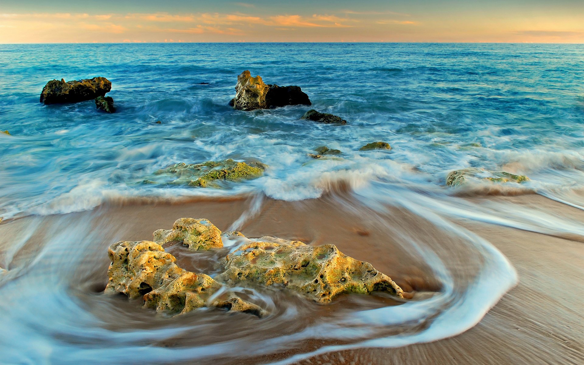 море скалы волны пена песок природа горизонт