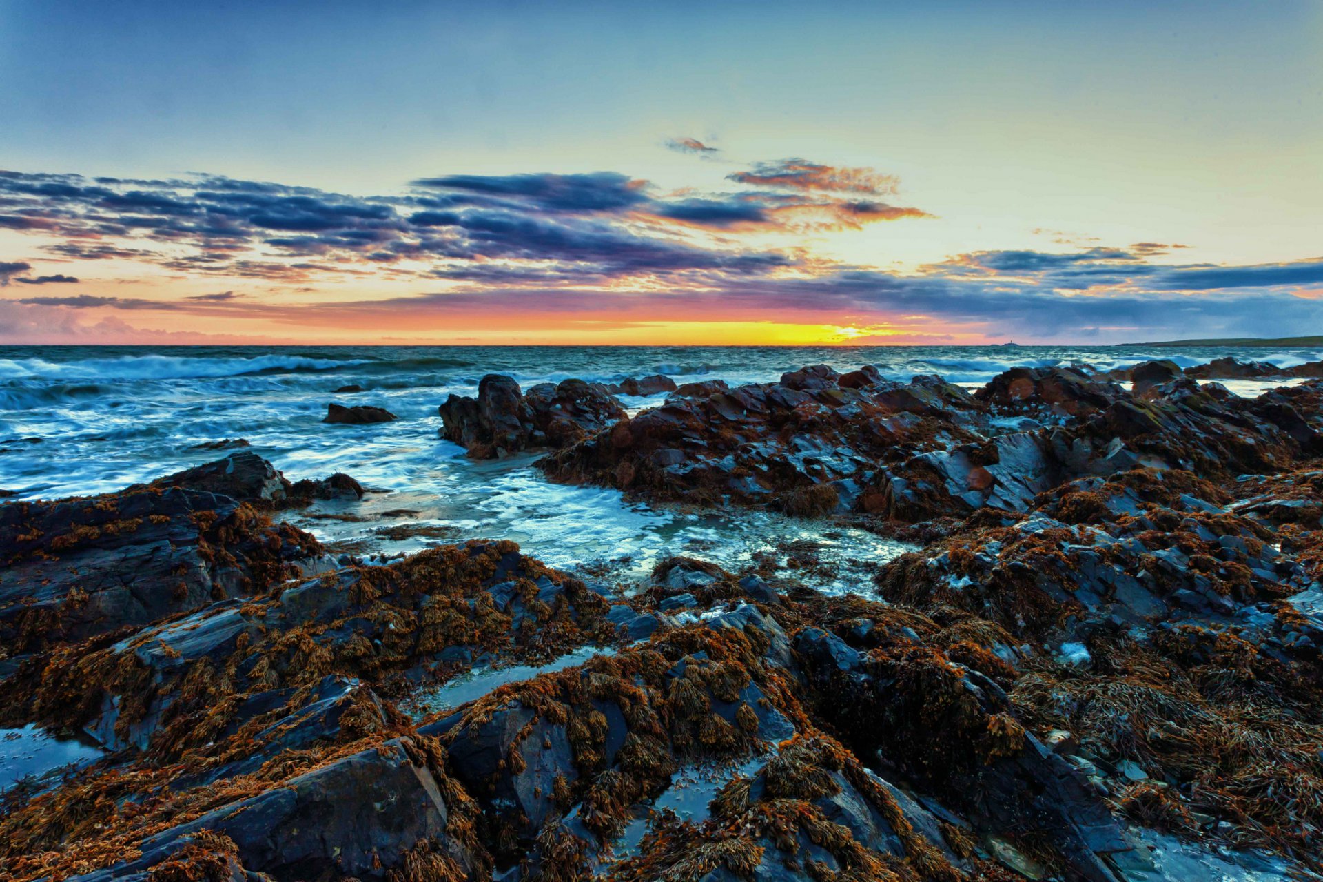 ea stones algae foam waves horizon sun dawn