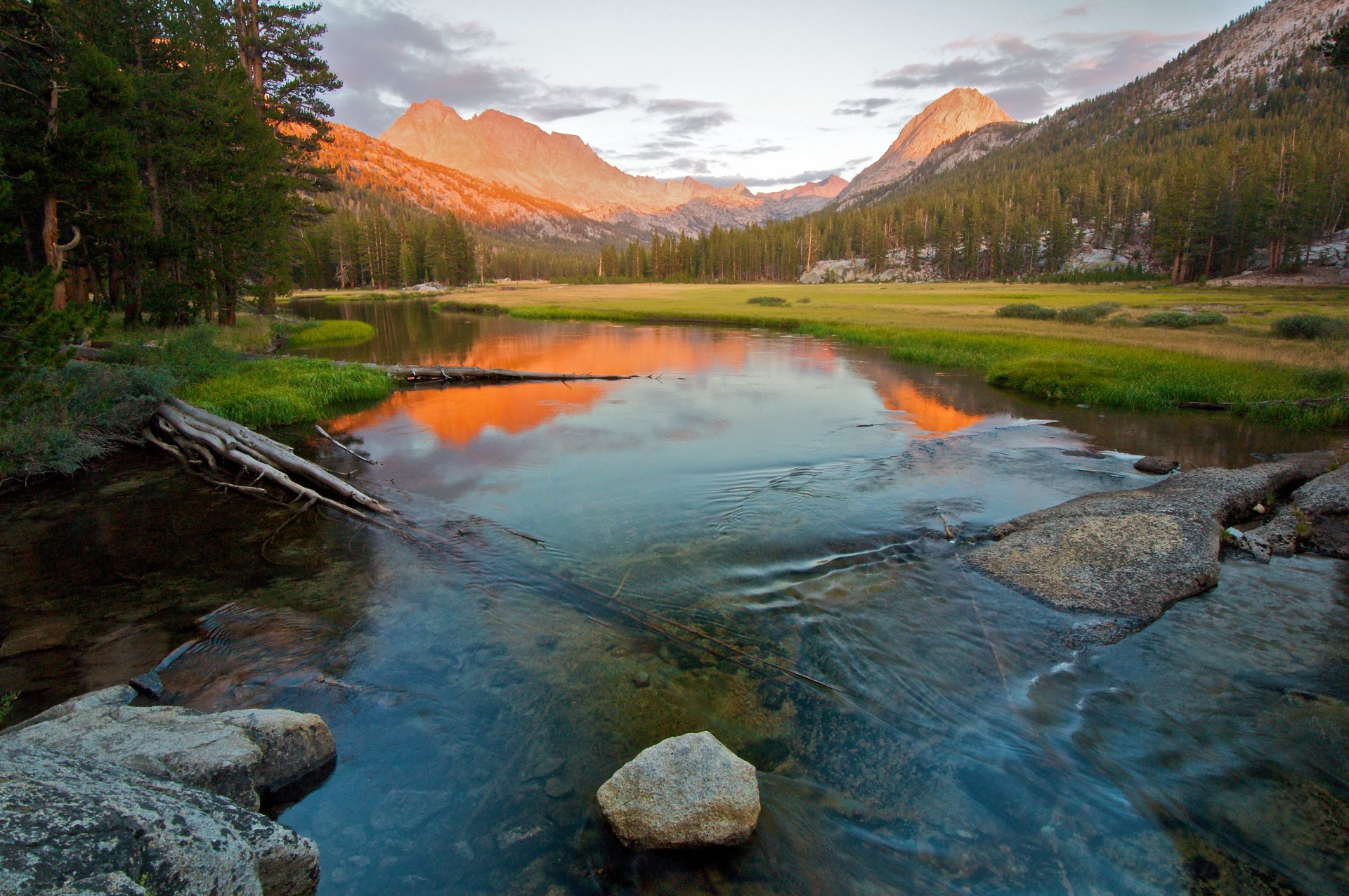 montañas sierra nevada laderas árboles río orillas rocas reflexión parque nacional kings canyon california ee.