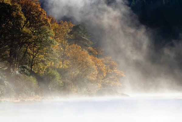 Mountain lake in fog with autumn forest