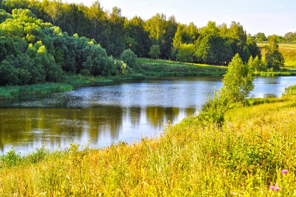 Russischer Fluss inmitten von Wäldern und Feldern