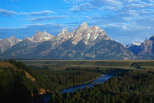 Mountain peaks and river valley