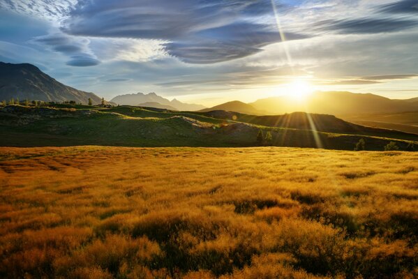 Landschaft mit Blendung der Sonne auf dem Hintergrund der Berge