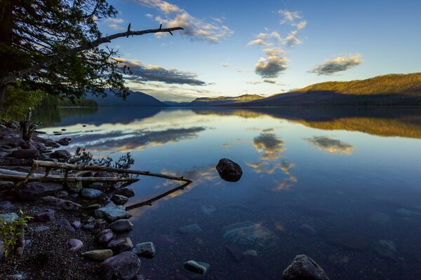 Reflection of clouds in a transparent lake