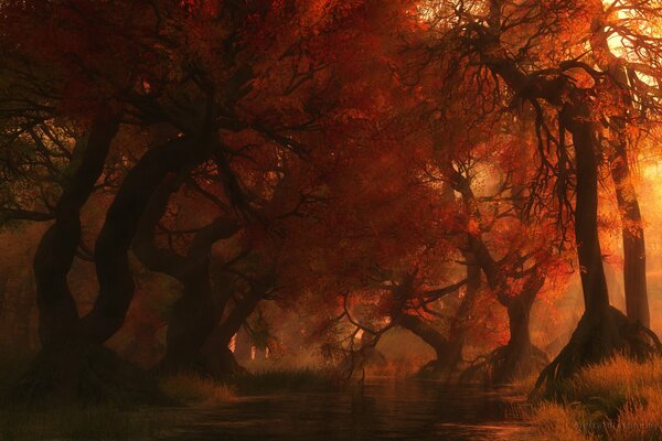 Atmospheric landscape with autumn forest