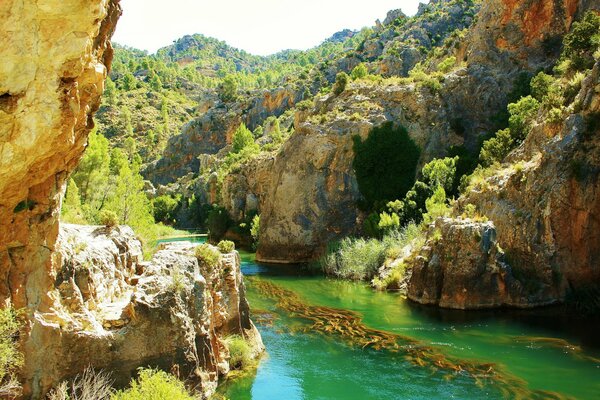 Spanische Flusslandschaft vor dem Hintergrund der Felsen