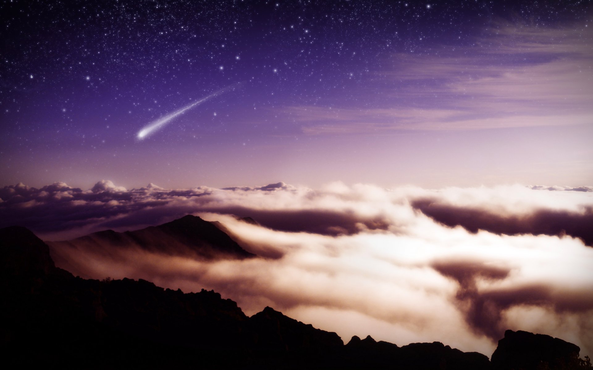 montagnes nuages étoiles météore