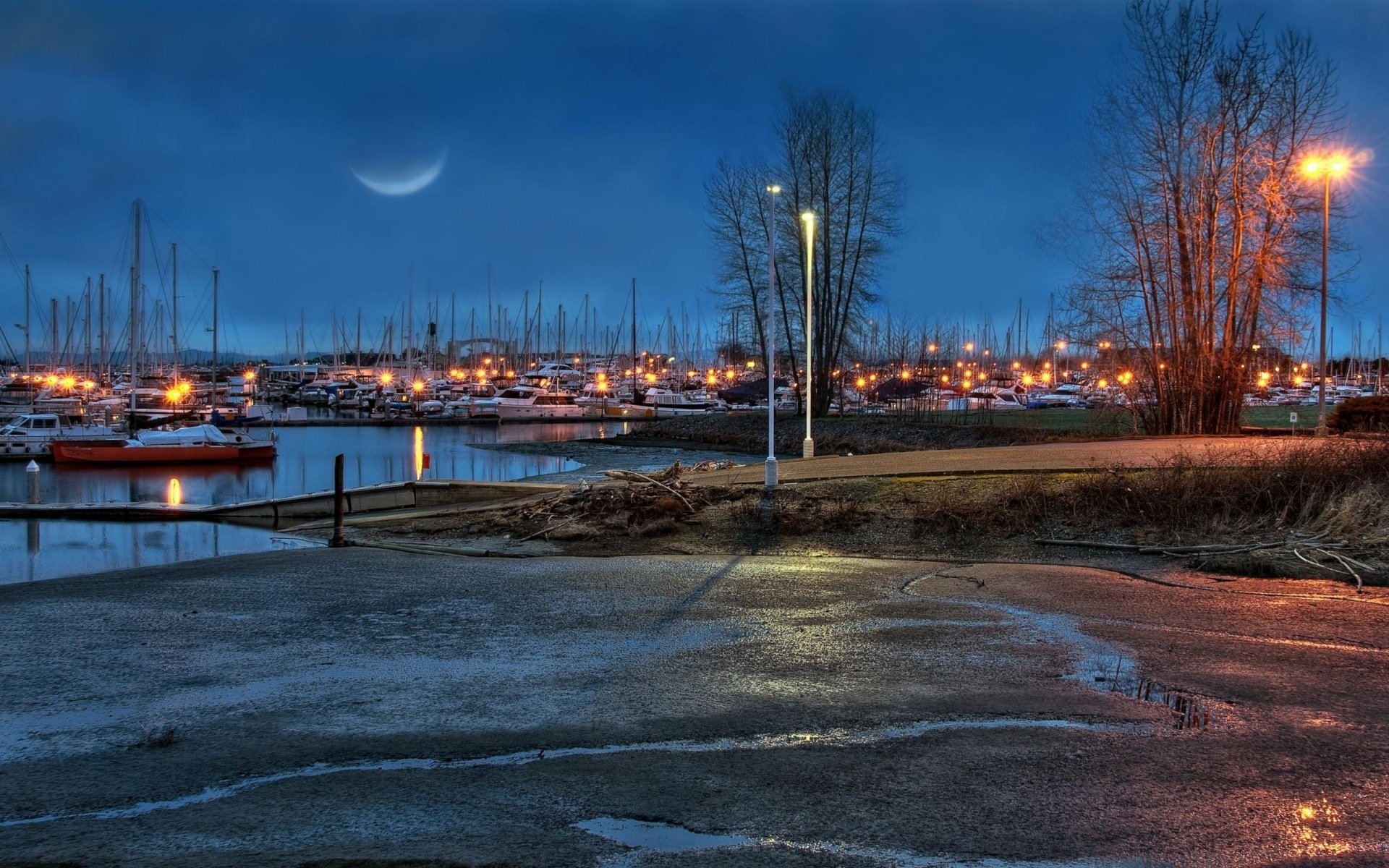 night pier river yacht lamps sky moon