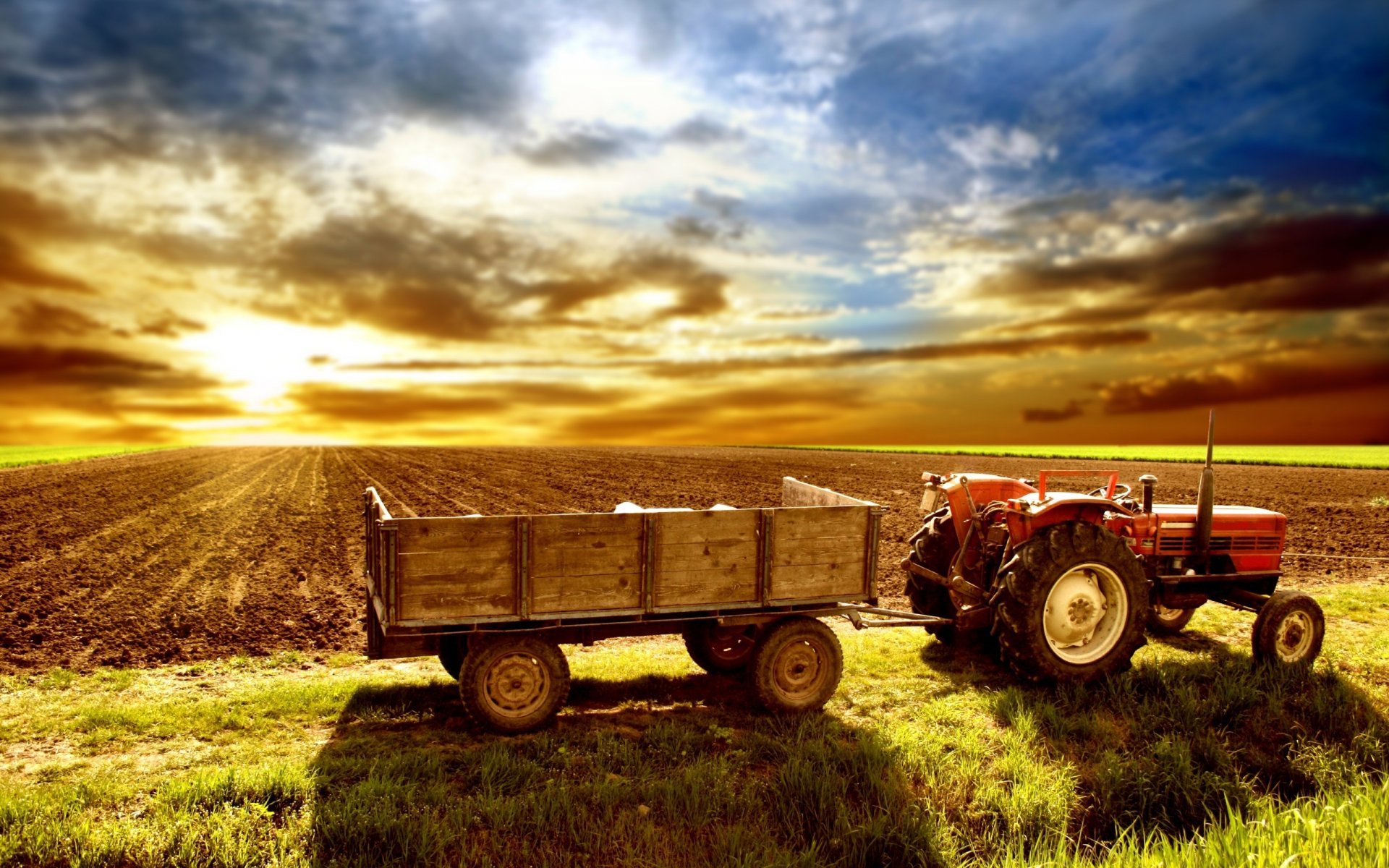 champ ciel tracteur charrette