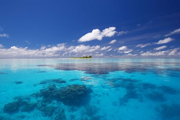 Oceano blu sconfinato e isola in lontananza