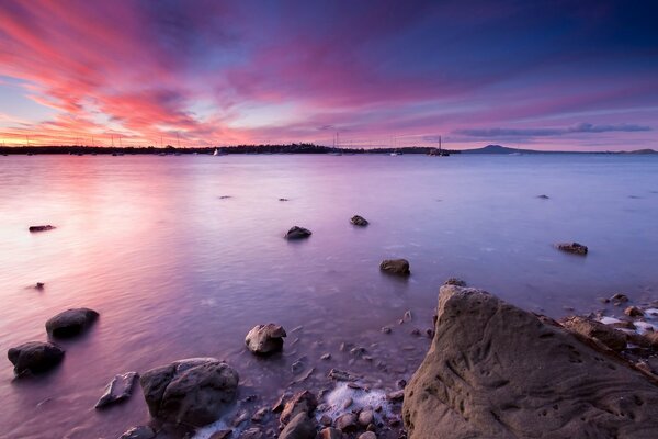 Foto de la puesta de sol púrpura De nueva Zelanda