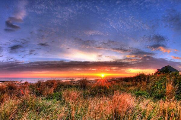 Tramonto pittoresco sullo sfondo di un bellissimo campo