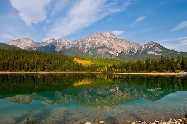 Reflection of mountains in lake water