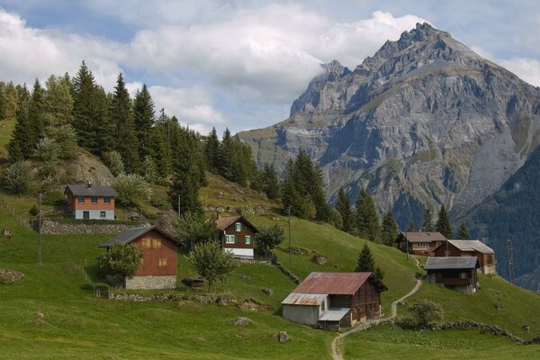 Villaggio svizzero sullo sfondo delle montagne