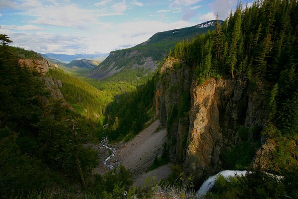 Eine Bergschlucht in der Taiga. Der Fluss schlängelt sich entlang der Schlucht