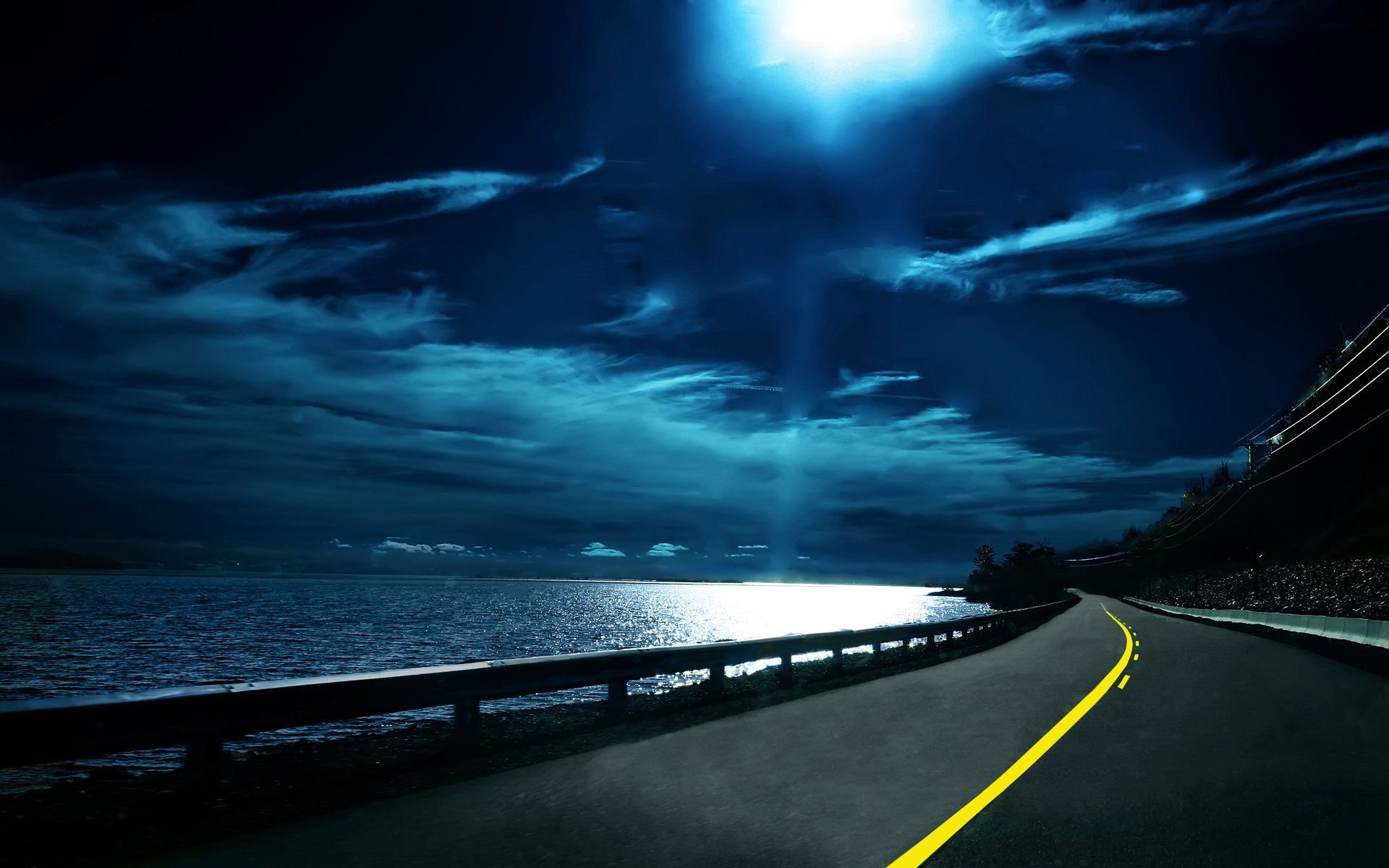 road counting the way water night the distance horizon sky cloud