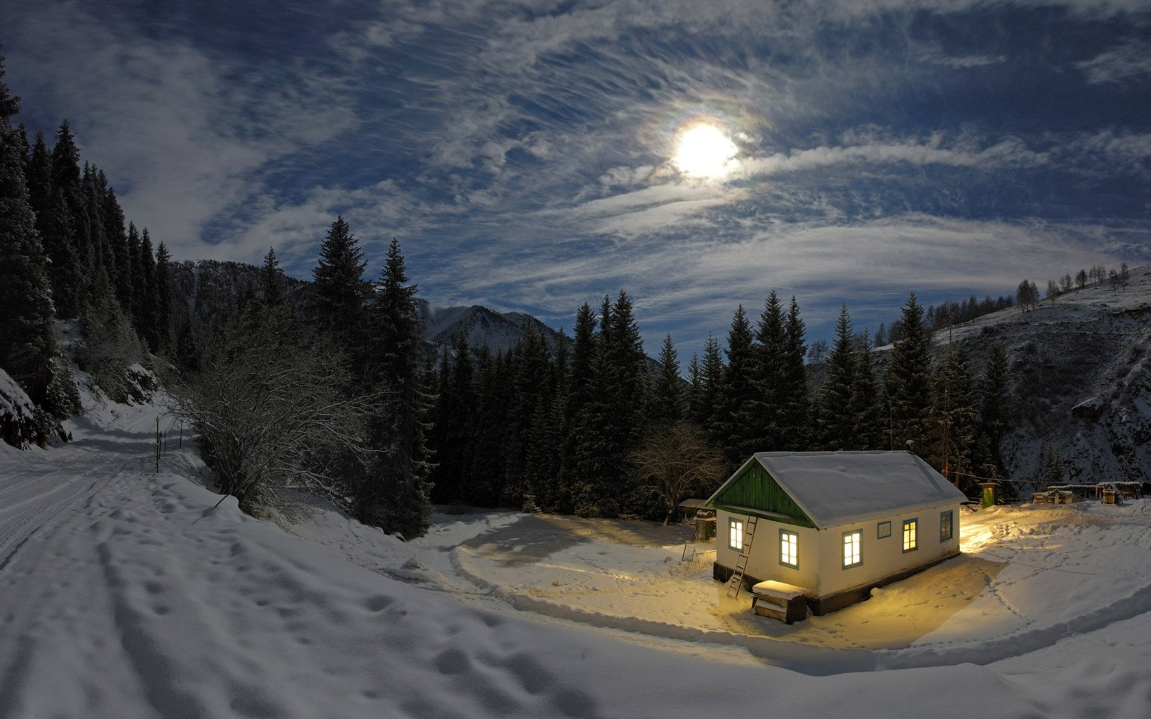 mond winter nacht haus licht schnee wald