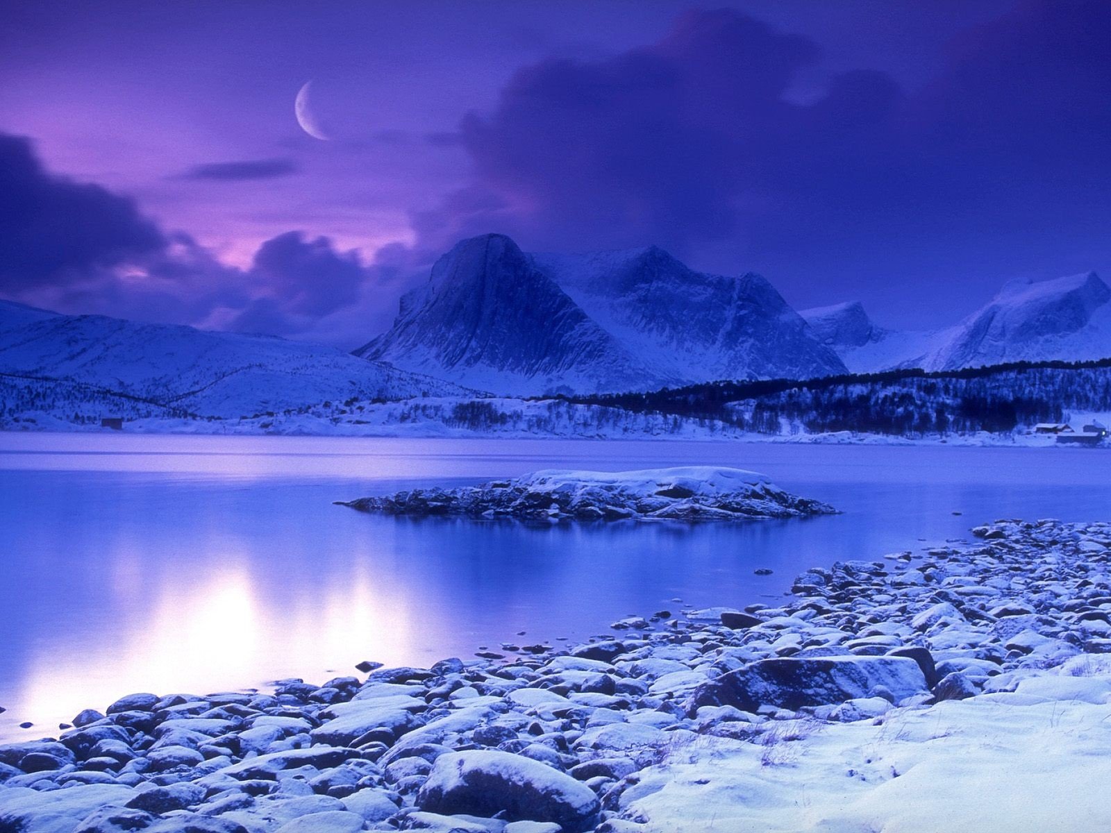 blue winter snow water moon mountain