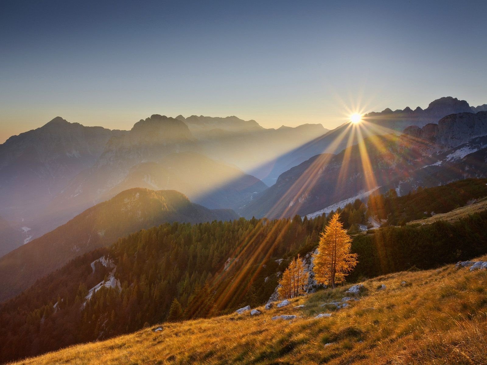 montagnes forêt arbres soleil coucher de soleil