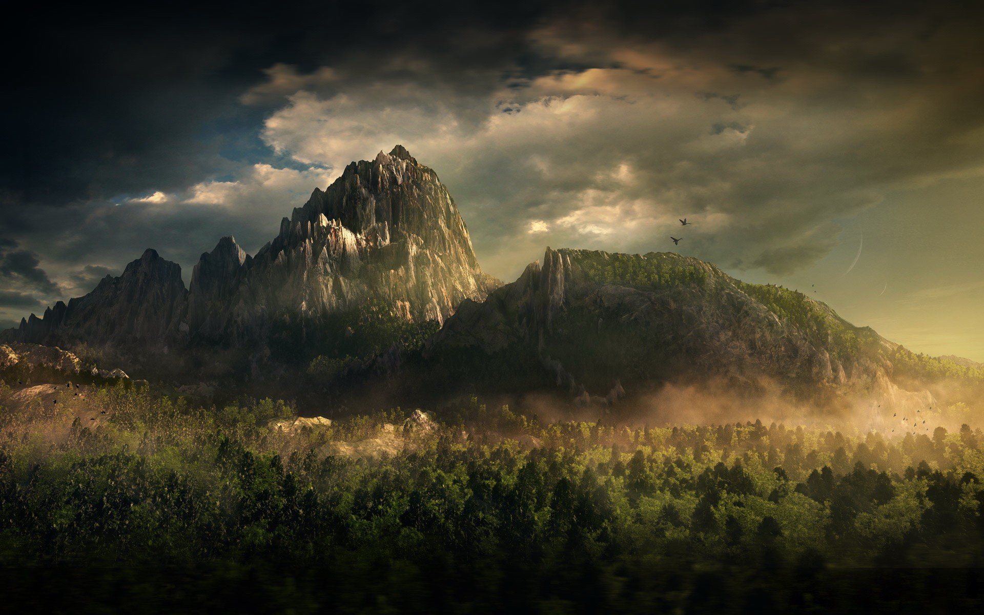 montagnes forêt nuages