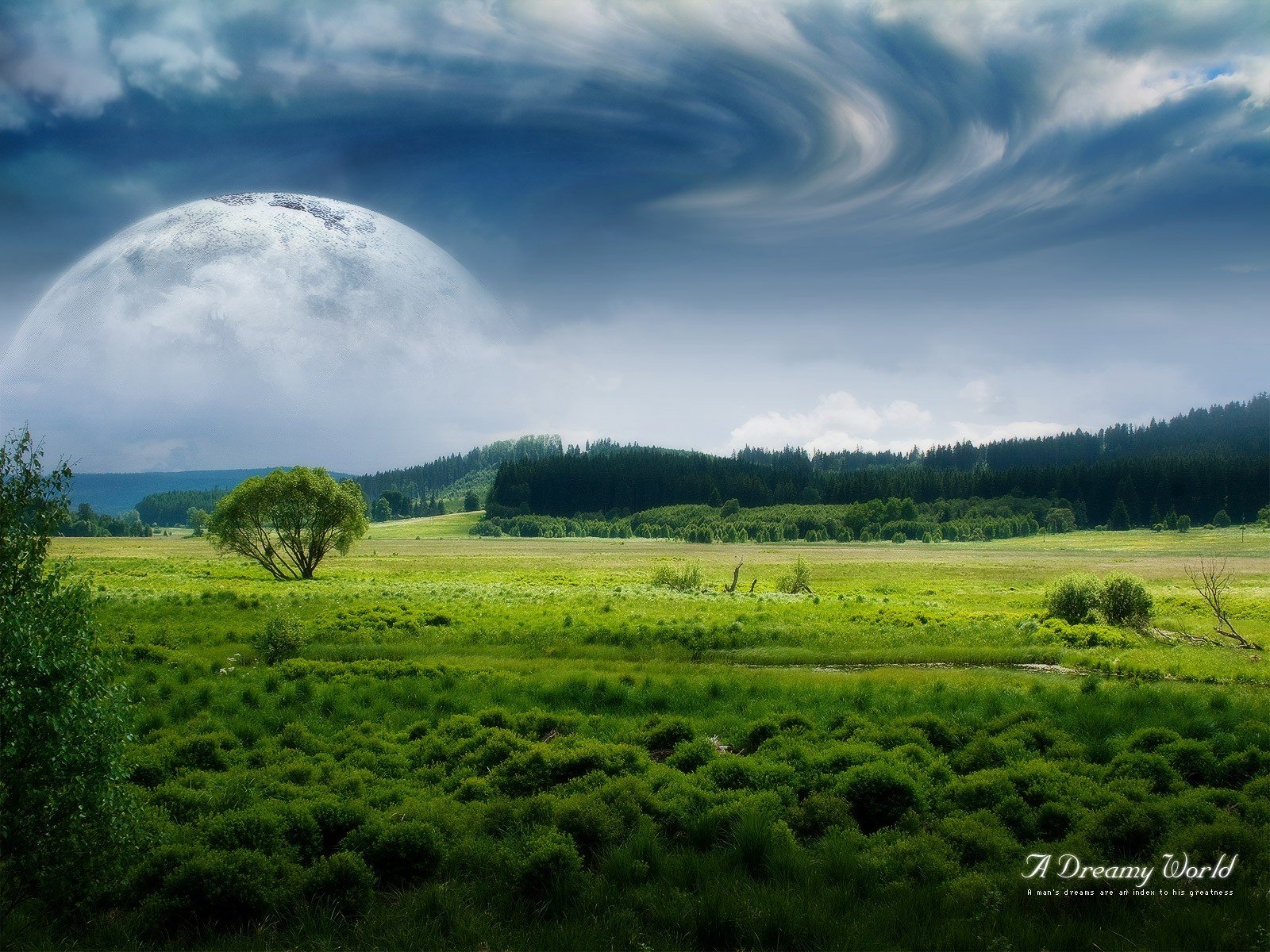 monde rêveur champ forêt nuages lune