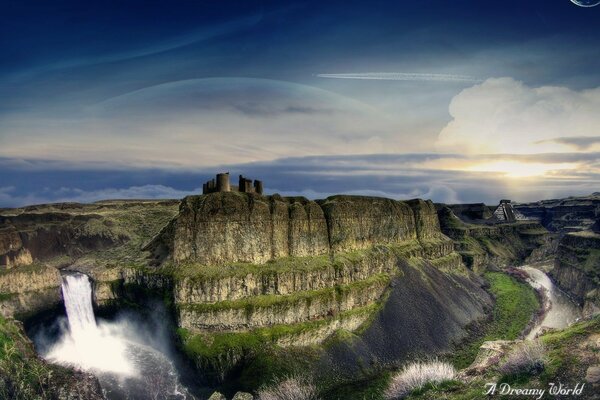 Una poderosa cascada en el cañón de un mundo de ensueño