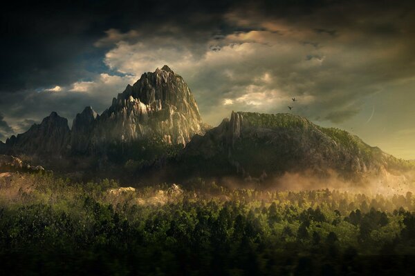 Image of a large mountain with a dense forest against a cloudy sky