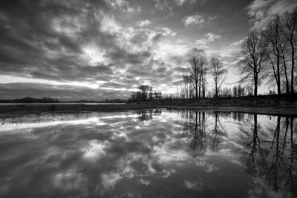 Reflejo en blanco y negro del cielo en el agua