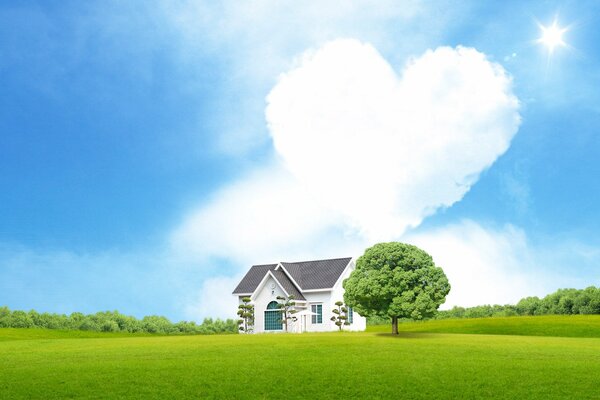 A heart-shaped cloud over a lonely house