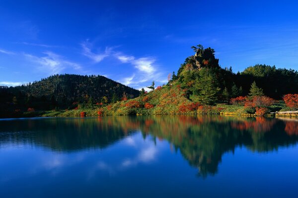 Reflejo del bosque en las colinas de Japón