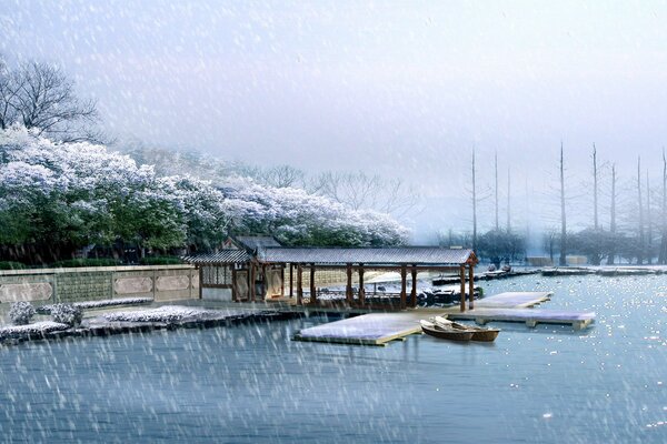 Muelle nevado del río durante una tormenta de nieve