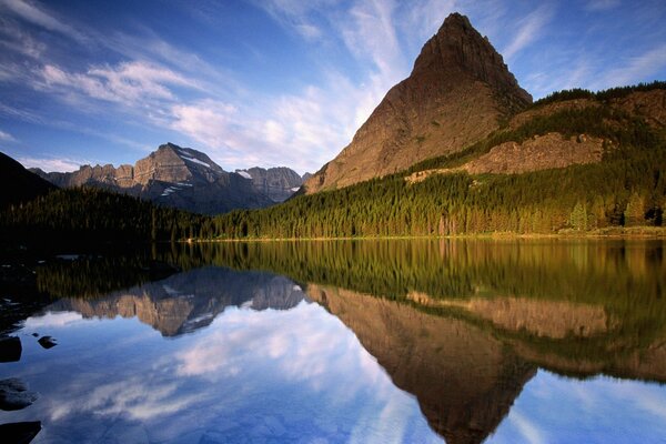 Bäume und Berge im Wasser reflektiert