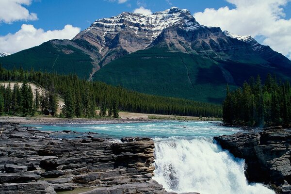 High mountains, stormy cool waterfall