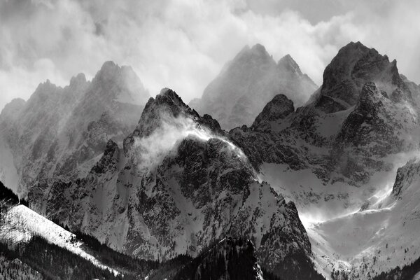 Black and white photo of snow-capped mountains