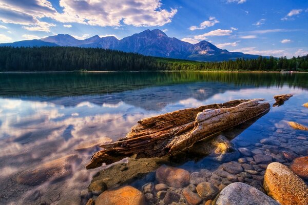 Clouds are reflected in a mountain lake