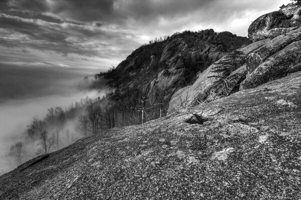 Schwarz-weiße Berge und Nebel