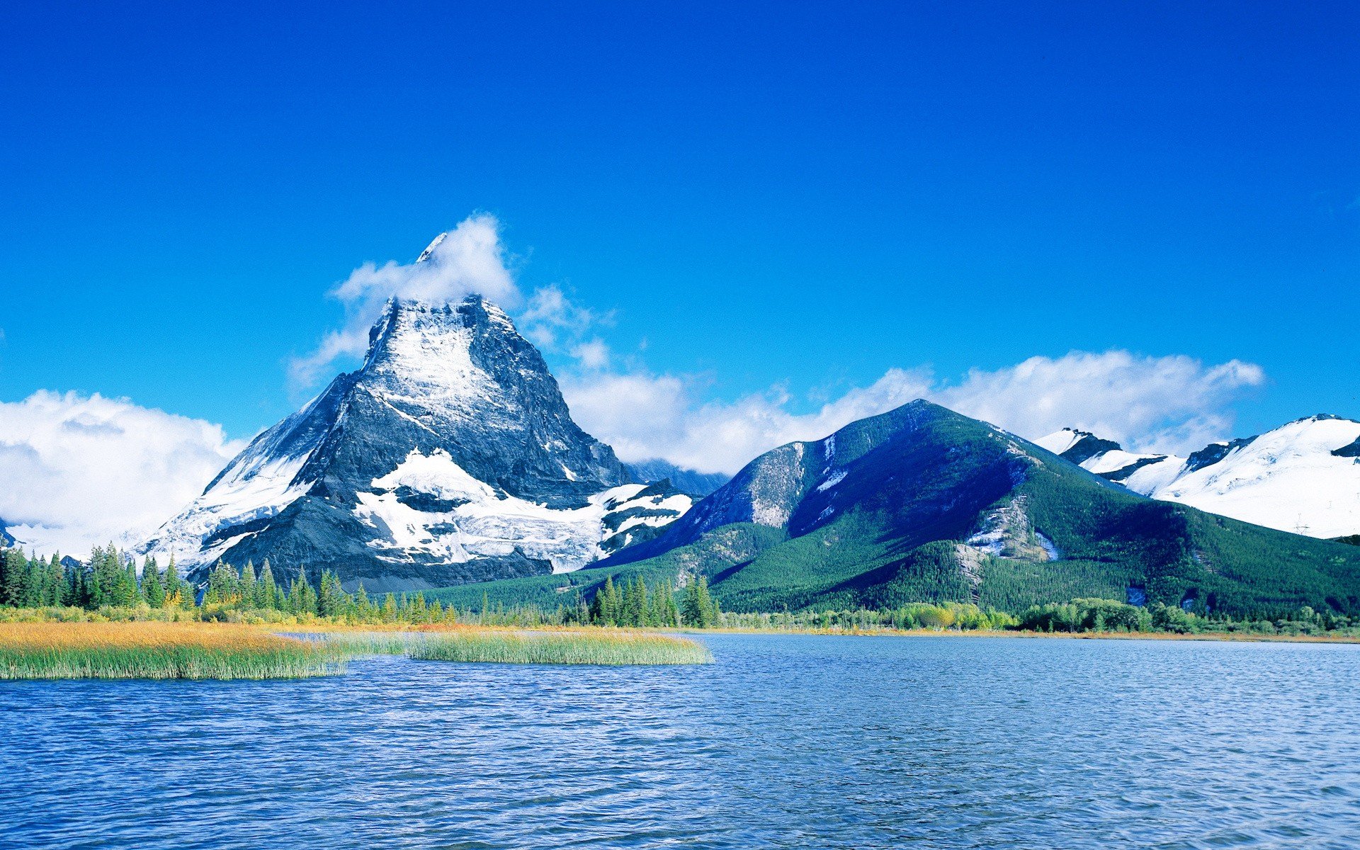 lake mountain clouds blue