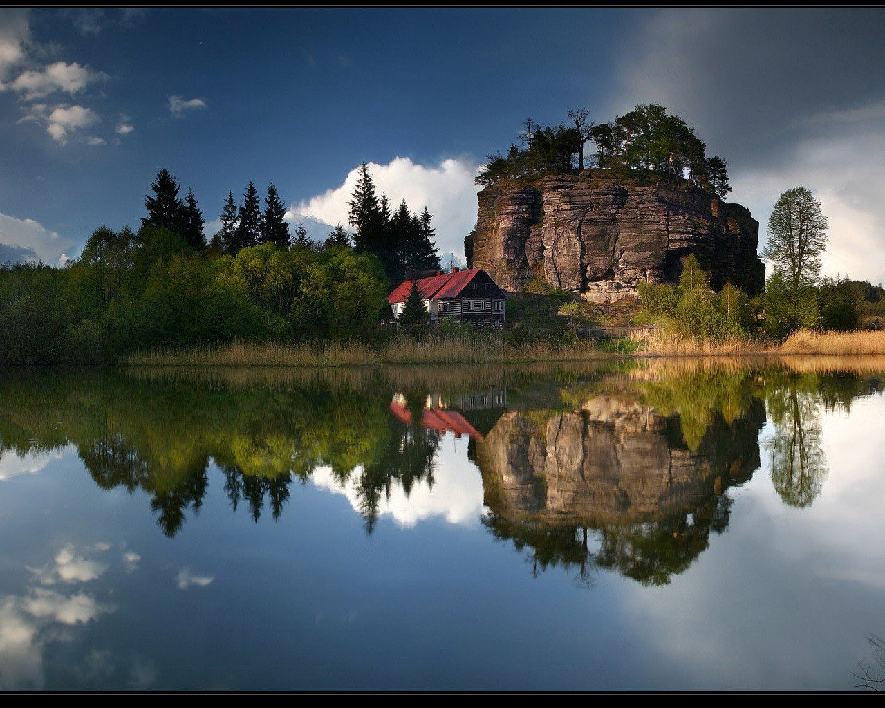 reflection lake tree house clouds sky