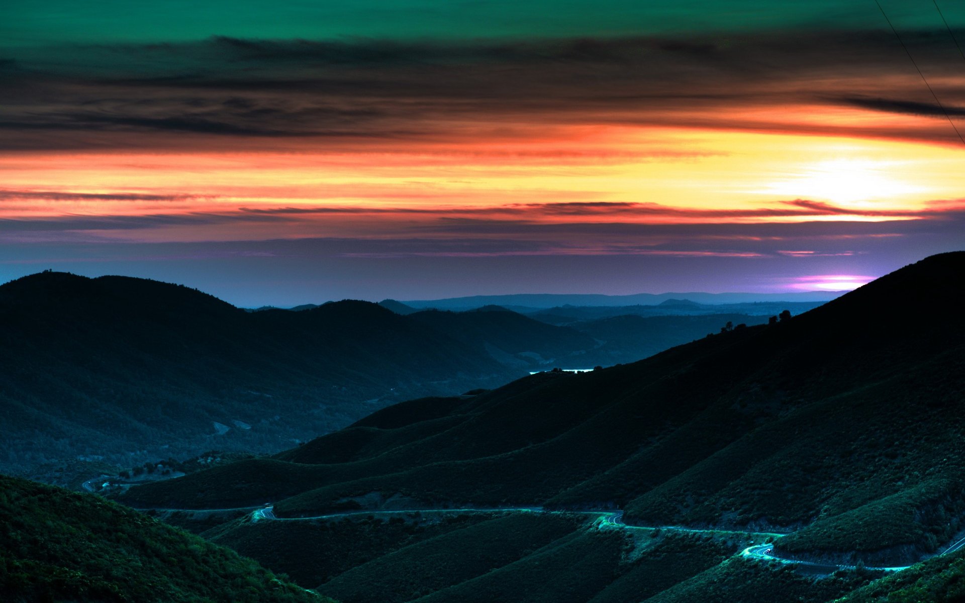 puesta de sol cielo carretera colinas