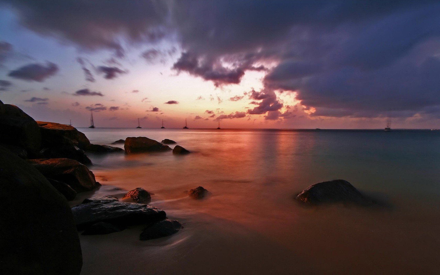 beach night water clouds stone